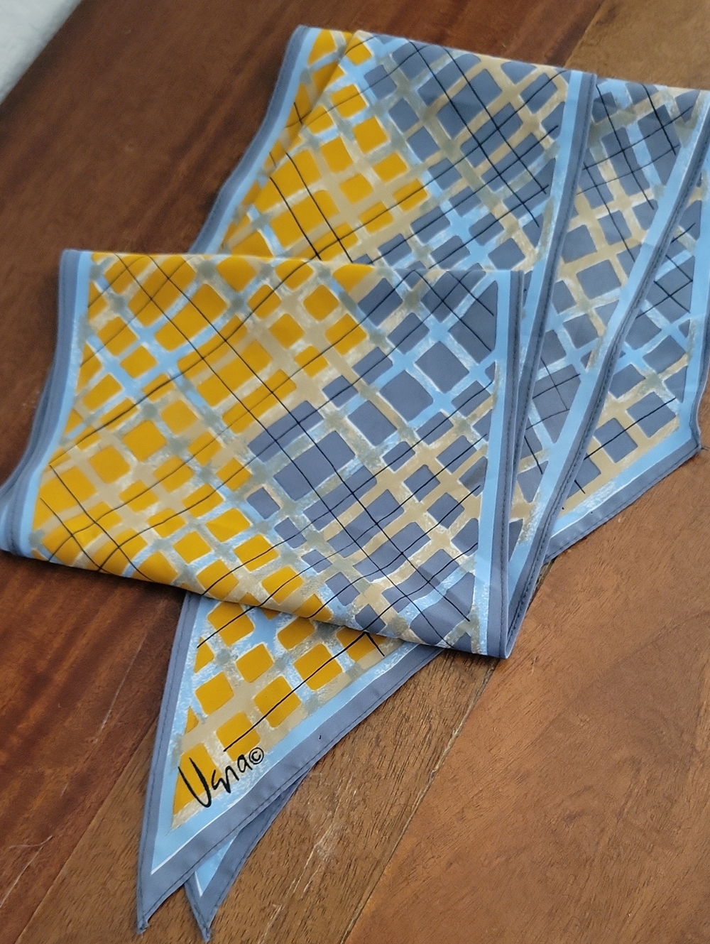 Vintage Vera Neumann Silk Plaid Accent Scarf in Yellow & Light Blue